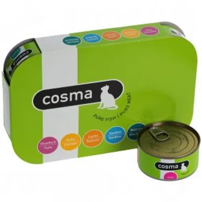 Boîte verte et conserve Cosma, texte visible : cosma PURE FISH | PURE MEAT. Saveurs indiquées : Thon, Poulet, Saumon, Sardine, Maquereau. Emballage métallique visible.