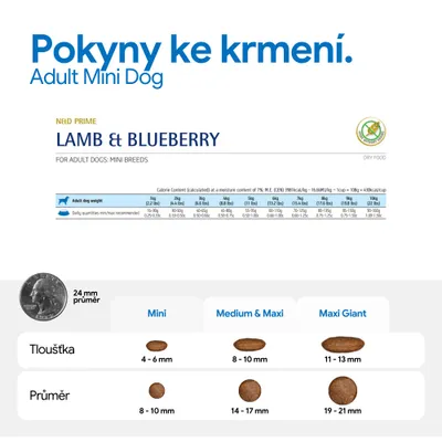 Doporučení pro krmení pro Adult Mini Dog LAMB a BLUEBERRY. Tabulka s denními dávkami podle hmotnosti psa a přehled o velikosti a průměru kroket pro Mini, Medium a Maxi, Maxi Giant. Doporučení pro krmení pro Adult Mini Dog LAMB a BLUEBERRY. Tabulka s denními dávkami podle hmotnosti psa a přehled o velikosti a průměru kroket pro Mini, Medium a Maxi, Maxi Giant.