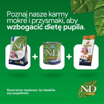 N&D Prime karma sucha, mokra oraz przysmaki dentystyczne od Farmina. Opracowane naukowo w celu optymalnej suplementacji żywienia. N&D Prime karma sucha, mokra oraz przysmaki dentystyczne od Farmina. Opracowane naukowo w celu optymalnej suplementacji żywienia.