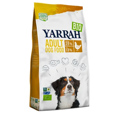 Yarrah BIO Adult Dog Food, protein 25 %, fat 13 %, billede af hund, 100 % recyclable packaging, Beter Leven og EU-økologimærke synlige på posen.