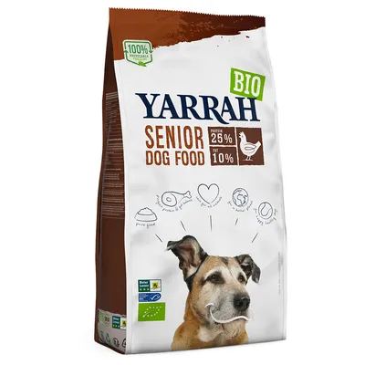 Yarrah Senior Dog Food BIO, protein 25 %, fat 10 %, billede af hund, mærker: EU-økologi og Beter Leven. Tekst: pure food, high protein & fat balance, for all senior dogs, healthy teeth.