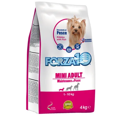 Sac Forza10 Mini Adult Maintenance al Pesce 4 kg, croquettes au poisson, pour chiens 1–10 kg, texte en anglais et italien, photo d’un petit chien, mentions sans gluten ni antibiotique.