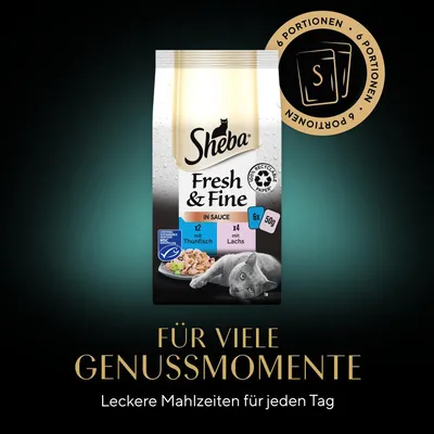 Sheba Fresh & Fine in Sauce, 6 Portionen à 50g. 2x Thunfisch, 4x Lachs. Für viele Genussmomente. Leckere Mahlzeiten für jeden Tag. Verpackung aus recycelbarem Papier.