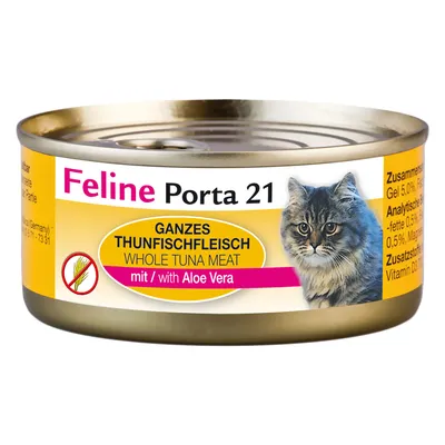 Konzerva Feline Porta 21, celé tuniakové mäso s Aloe Vera, nápis bez obilnín, obrázok mačky na etikete. Text v nemčine a angličtine.