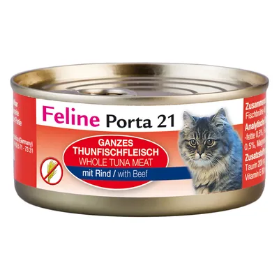 Konzerva Feline Porta 21, celé tuniakové mäso s hovädzím, nápis GANZES THUNFISCHFLEISCH WHOLE TUNA MEAT mit Rind / with Beef, obrázok mačky na etikete.