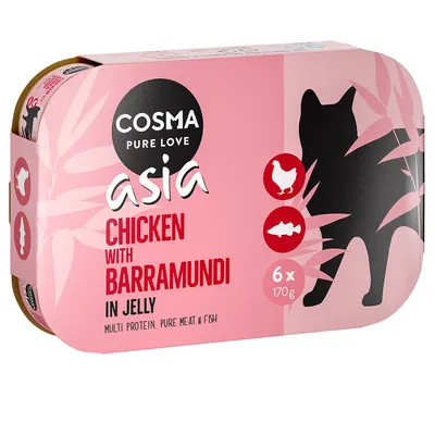Опаковка Cosma Pure Love Asia Chicken with Barramundi in Jelly, 6 × 170 г. Видими са силует на котка и пиктограми на пиле и риба. Текстът е на английски.