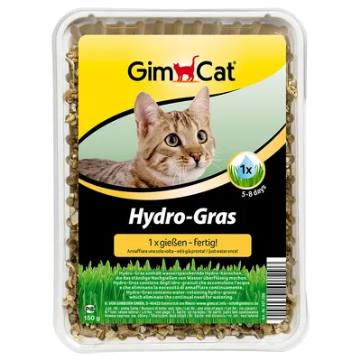 GimCat Hydro-Gras, pakiranje od 150 g, slika mačke, natpis: 1x gießen – Fertig!, 5–8 days, s prikazom trave i hidrogranula. Tekst na više jezika o zalijevanju jednom.