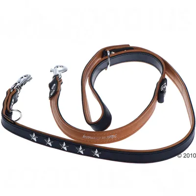 Laisse pour chien en cuir noir et marron avec mousquetons métalliques et cinq étoiles argentées décoratives visibles sur la partie noire. Inscription « Made in Germany » visible.