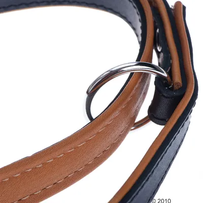 Nærbillede af hundehalsbånd i brunt og sort læder med synlige syninger og metalring til fastgørelse. Materiale: læder og metal.