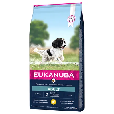 Eukanuba Adult hrană uscată pentru rase medii, 1-7 ani, 10-25 kg, bogată în carne proaspătă de pui. Mărime pachet: 15 kg.