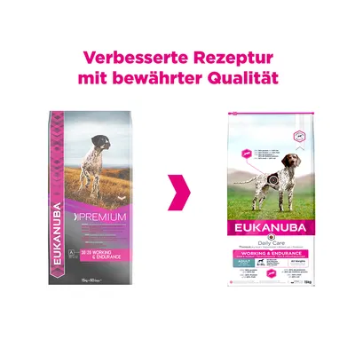 Eukanuba koiranruoka: parannettu resepti ja todistettu laatu. Vasemmalla vanha pakkaus, oikealla uusi pakkaus Working & Endurance Adult -koirille, 15 kg.