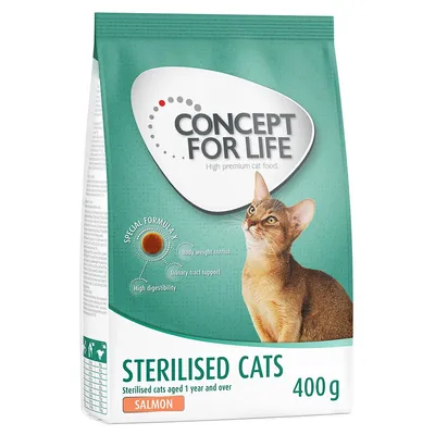 Concept for Life Sterilised Cats, висококачествена храна за котки, сьомга, за кастрирани котки над 1 година, 400 г. Формула X: контрол на теглото, подкрепа на уринарния тракт, висока смилаемост.