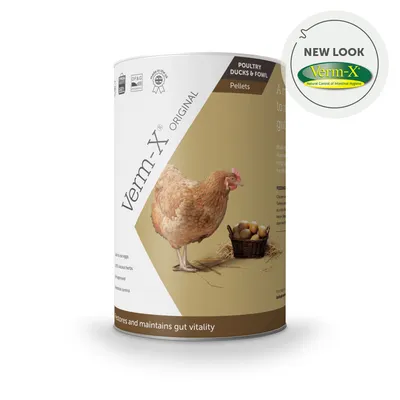 Verm-X Original pelety pre hydinu, kačice a sliepky. Podporuje zdravie čriev. Nový dizajn s obrázkom sliepky a koša plného vajec.