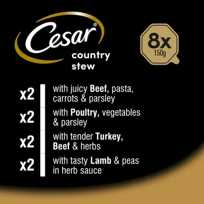 Cesar country stew pack contains 8 trays, 2 each of: beef with pasta, carrots and parsley; poultry with vegetables and parsley; turkey and beef with herbs; lamb and peas in herb sauce.