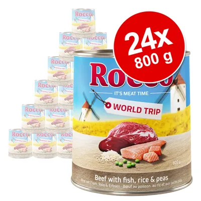 Rocco World Trip wet food, 24x 800g cans. Beef with fish, rice and peas. Packaging shows landscape with windmills and meat images.