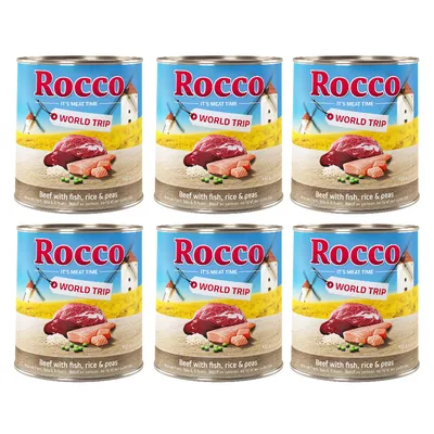 Rocco World Trip wet food, variety Beef with fish, rice & peas, 6 cans of 800g each.