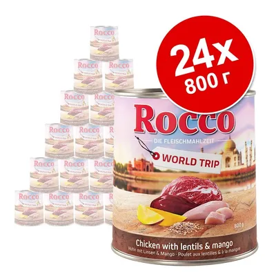 Rocco World Trip консервирана храна, 24×800 г. Видимо: пилешко с леща и манго. Надпис на английски: Chicken with lentils & mango.