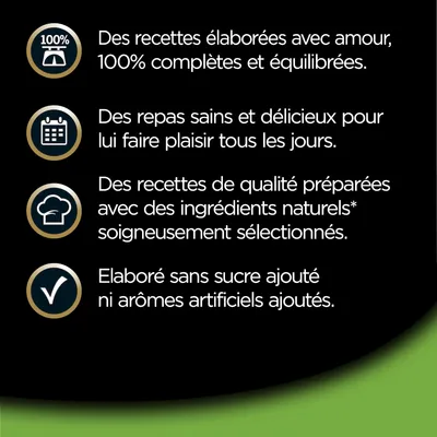 Des recettes 100 % complètes et équilibrées, repas sains et délicieux, ingrédients naturels soigneusement sélectionnés, sans sucre ajouté ni arômes artificiels ajoutés.