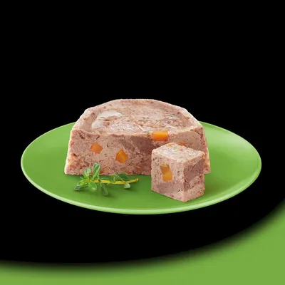 Portion of meat pâté with visible orange vegetable pieces, served on a green plate with a herb garnish. One cube is cut out to show texture and ingredients.