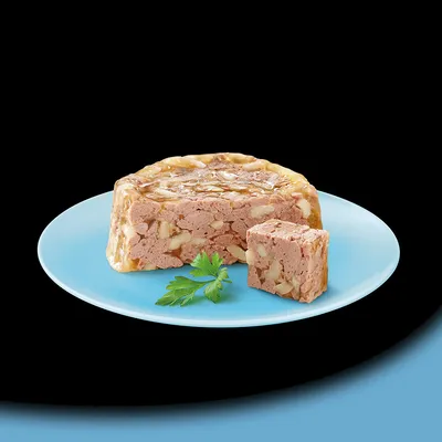 Chunky meat and jelly pet food served on a blue plate with a parsley garnish, showing texture and ingredients.