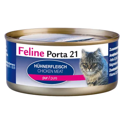 Konzerva Feline Porta 21, Hühnerfleisch Chicken Meat pur/pure, obrázok mačky na etikete. Viditeľné informácie o zložení a doplnkoch na boku obalu.