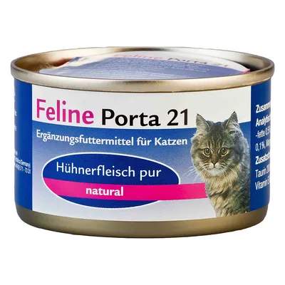 Feline Porta 21, Ergänzungsfuttermittel für Katzen, Hühnerfleisch pur, natural. Boîte de nourriture pour chat avec photo de chat et texte en allemand/anglais.