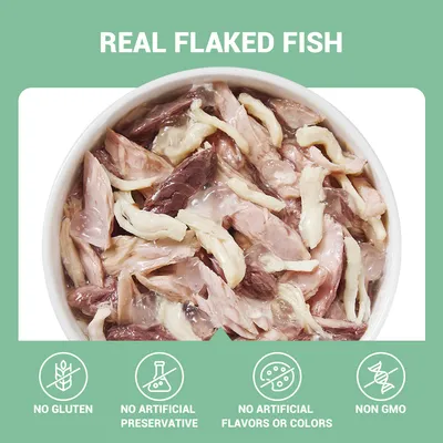 Tekst: REAL FLAKED FISH. Ikone i tekst: NO GLUTEN, NO ARTIFICIAL PRESERVATIVE, NO ARTIFICIAL FLAVORS OR COLORS, NON GMO. Prikaz komadića ribe u zdjelici.