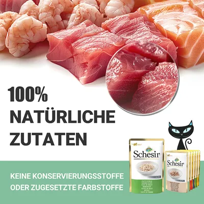 100% natürliche Zutaten. Keine Konservierungsstoffe oder zugesetzte Farbstoffe. Schesir Katzenfutter in verschiedenen Sorten.