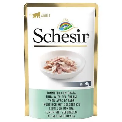 Schesir Adult kattenvoer in jelly, tonijn met zeebrasem. Tekst op verpakking in meerdere talen: Tuna with sea bream, Thunfisch mit Goldbrasse, Tonijn met zeebrasem.
