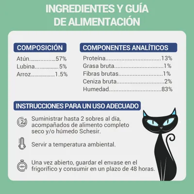 Ingredientes: atún 57 %, lubina 5 %, arroz 1,5 %. Proteína 13 %, grasa bruta 1 %, fibras brutas 1 %, ceniza bruta 2 %, humedad 83 %. Instrucciones: hasta 2 sobres al día, servir a temperatura ambiental.