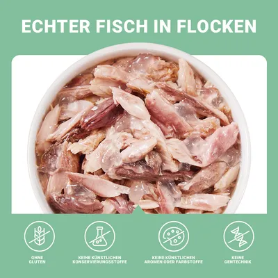 Echter Fisch in Flocken. Ohne Gluten, keine künstlichen Konservierungsstoffe, keine künstlichen Aromen oder Farbstoffe, keine Gentechnik.