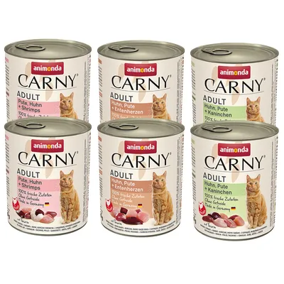Консервы для кошек animonda Carny Adult: Pute, Huhn + Shrimps; Huhn, Pute + Entenherzen; Huhn, Pute + Kaninchen. 100% frische Zutaten, Ohne Getreide, Made in Germany.