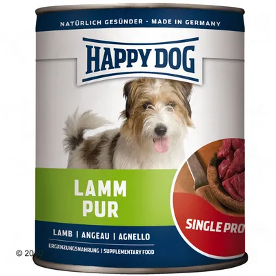Conservă Happy Dog Lamm Pur, text vizibil: NATÜRLICH GESÜNDER – MADE IN GERMANY, LAMM PUR, LAMB | ANGEAU | AGNELLO, SINGLE PRO, ERGÄNZUNGSNAHRUNG | SUPPLEMENTARY FOOD.