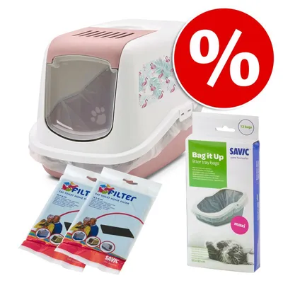 Savic kattenbak met filters, verpakking 'Bag it Up litter tray bags maxi 55 x 43 cm' (12 stuks) en kortingssymbool zichtbaar. Flamingo decoratie op de kattenbak.