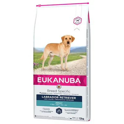 EUKANUBA Breed Specific Labrador Retriever Adult tørfoder, 12 kg pose. Tekst: Premium dry food, Curly Coated / Chesapeake Bay Retrievers, +1 Year.