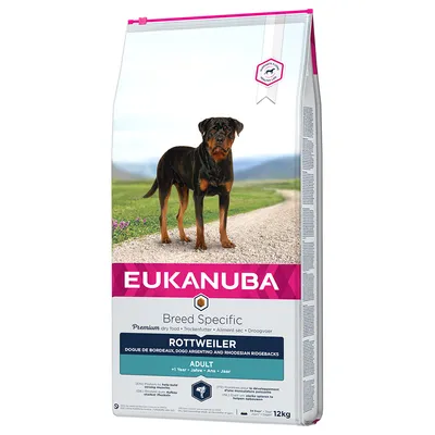 Eukanuba Breed Specific hrană uscată premium pentru Rottweiler, Dogue de Bordeaux, Dogo Argentino și Rhodesian Ridgebacks. Adult de la 1 an. Mărime pachet: 12 kg.
