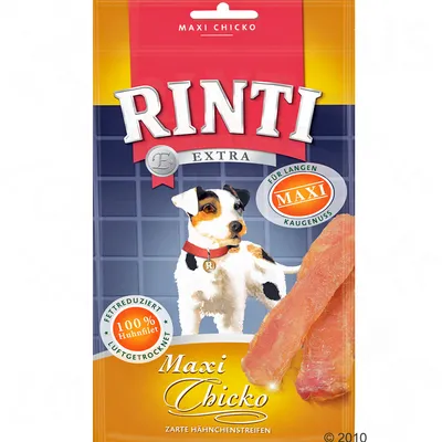 Embalagem de snacks para cães Rinti Extra Maxi Chicko, 100% Huhnfilet, fettreduziert, luftgetrocknet. Imagem de tiras de carne e cão ilustrado na frente.