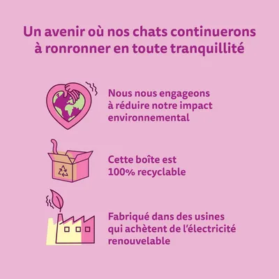Un avenir où nos chats continuerons à ronronner en toute tranquillité. Nous nous engageons à réduire notre impact environnemental. Cette boîte est 100 % recyclable. Fabriqué dans des usines qui achètent de l’électricité renouvelable.
