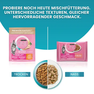 Purina ONE Bifensis Kitten Trockenfutter und Junior Nassfutter. Unterschiedliche Texturen, gleicher hervorragender Geschmack. Made with recycled plastic.