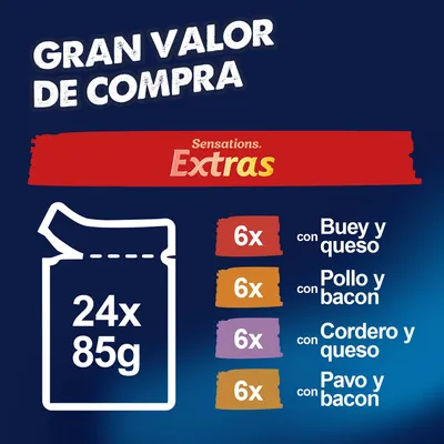 Felix Sensations Extras 24 x 85 g - Pack Ahorro - Vacuno, pavo, pollo y cordero