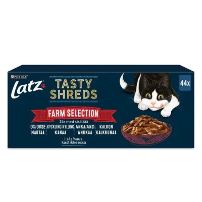 Latz Tasty Shreds Farm Selection, 44x portionsposer. Synlig tekst: okse, kylling, and, kalkun, i sovs. Illustration af kat og skål med strimlet foder.