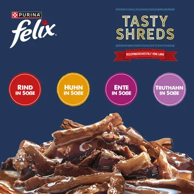 Felix "Tasty Shreds" Pouches 44 x 80 g - Geschmacksvielfalt Vom Land Felix "Tasty Shreds" Pouches 44 x 80 g - Geschmacksvielfalt Vom Land