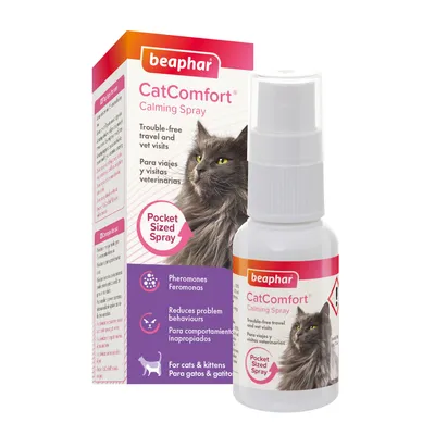 CatComfort Calming Spray, pocket sized, for trouble-free travel and vet visits. Contains pheromones, reduces problem behaviours. For cats and kittens.