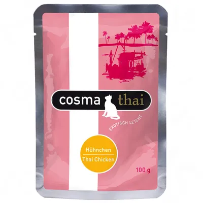 Bustina Cosma Thai, gusto Hühnchen Thai Chicken, 100 g. Testo visibile: exotisch leicht. Immagine di palme e barca stilizzata sulla confezione.