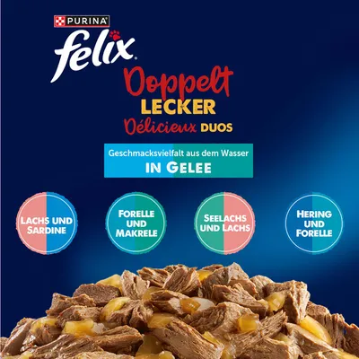 Felix "Doppelt lecker - So gut wie es aussieht" Pouches 12 x 85 g -  Seelachs & Lachs, Lachs & Sardine, Hering & Forelle, Forelle & Makrele