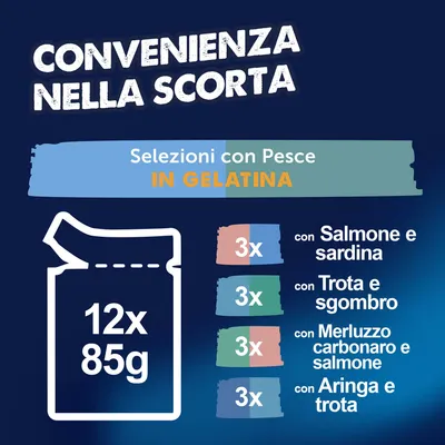 Felix Le Ghiottonerie Doppia Delizia 12 x 85 g - Salmone & Merluzzo, Sardine & Salmone, Trota & Aringa, Sgombro & Trota Felix Le Ghiottonerie Doppia Delizia 12 x 85 g - Salmone & Merluzzo, Sardine & Salmone, Trota & Aringa, Sgombro & Trota