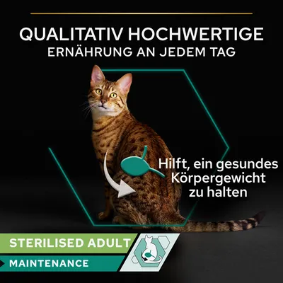 Qualitativ hochwertige Ernährung für sterilisierte erwachsene Katzen. Hilft, ein gesundes Körpergewicht zu halten. Kategorie: Sterilised Adult Maintenance.