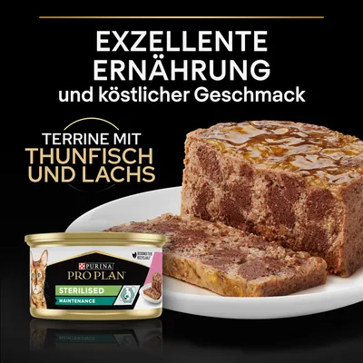 Purina Pro Plan Sterilised Maintenance. Terrine mit Thunfisch und Lachs. Exzellente Ernährung und köstlicher Geschmack. Designed to be recyclable.