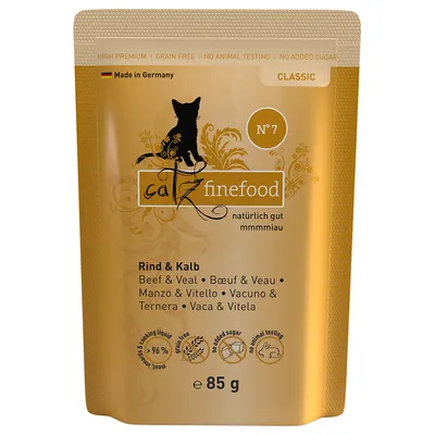 Catz Finefood Classic Nr. 7, говядина и телятина, 85 г. Сделано в Германии, без зерна, без тестирования на животных, без добавления сахара, более 96% мяса в бульоне.