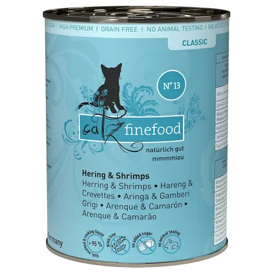 Catz Finefood Classic Nr. 13, Hering & Shrimps, ohne Getreide, ohne Zuckerzusatz, keine Tierversuche, 95% Fleischanteil, hergestellt in Deutschland.